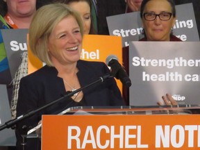 Alberta Premier Rachel Notley speaks during a speech at MacEwan University in Edmonton on Saturday, Sept. 23, 2017. Notley went on the attack against the United Conservative opposition Saturday in a campaign-style speech to party members at MacEwan University.