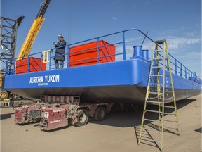 This 30-metre-by-10-metre barge, built in Edmonton by Waiward Steel, is headed to the Northwest Territories.