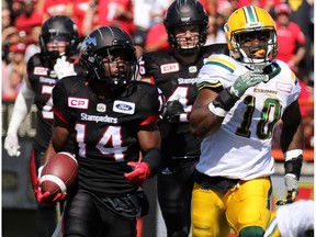 Calgary Stampeders running back Roy Finch runs an Edmonton Eskimos kick return in for a touch down during the first half of the Labour Day Classic at McMahon Stadium, Monday September 4, 2017.