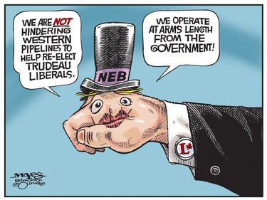 The anti-pipeline Federal Liberals manipulate the National Energy Board for political gain. (Cartoon by Malcolm Mayes)