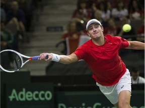 Brayden Schnur of Canada during play against Ramkumar Ramanathan of India in Davis Cup action on Friday September 15, 2017 in Edmonton.