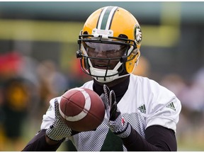 Edmonton Eskimo  Adarius Bowman catches the ball during practice on Friday June 9, 2017, at Commonwealth Stadium in Edmonton.