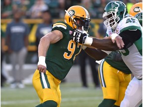 Edmonton Eskimos John Chick (97) in his first game against the Saskatchewan Roughriders during CFL action at Commonwealth Stadium in Edmonton, August 25, 2017.