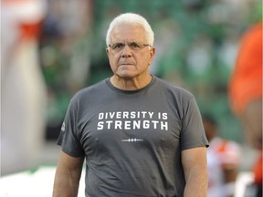 B.C. Lions head coach Wally Buono sports a "Diversity is Strength" T-shirt on the sidelines before taking on the Saskatchewan Roughriders in CFL football action in Regina on Sunday, August 13, 2017.