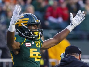 Edmonton Eskimos' Derel Walker (87) celebrates his touchdown during first half CFL action in Edmonton, Alta., on Saturday September 9, 2017.