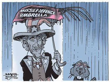 Canada is not covered by Uncle Sam's missile-defence umbrella. (Cartoon by Malcolm Mayes)