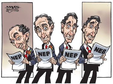 Justin Trudeau and NEB reminiscent of Pierre Trudeau and the NEP.  (Cartoon by Malcolm Mayes)