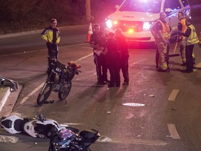 A motorcyclist was killed late Sunday, September 10, 2017, in a crash westbound on Victoria Park Road near the Groat Road southbound exit  in Edmonton, Alta. Police were investigating.