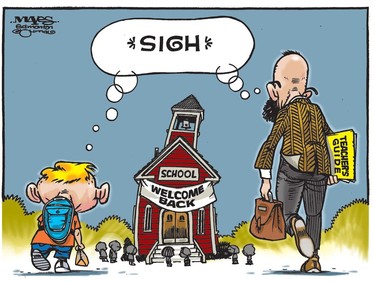 Both students and teachers reluctantly go back to school. (Cartoon by Malcolm Mayes)
