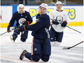 Oilers captain Connor McDavid warms up during the Edmonton Oilers training camp at Rogers Place in Edmonton on Friday, Sept. 15, 2017.