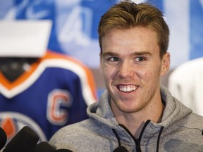 Connor McDavid speaks to the press during Edmonton Oilers medicals at Rogers Place in Edmonton on Sept. 14, 2017.