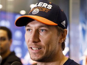 Jussi Jokinen speaks to reporters during Edmonton Oilers medicals at Rogers Place in Edmonton, Alta., on Thursday, Sept. 14, 2017.