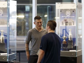 Retired Edmonton Oilers defenceman Andrew Ference (left) interviews rookie Trey Fix-Wolansky dur for Sportsnet during the 2017 Edmonton Oilers Rookie Camp medical and fitness testing day at Rogers Place in Edmonton on Sept. 7, 2017.