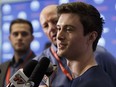Kailer Yamamoto is interviewed by the press during the 2017 Edmonton Oilers Rookie Camp medical and fitness testing day at Rogers Place in Edmonton on Sept. 7, 2017.