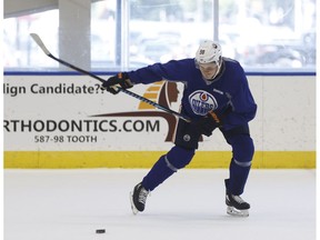 Oilers forward Jesse Puljujarvi takes shots during an Edmonton Oilers skate at Rogers Place in Edmonton, Alberta on Thursday, September 7, 2017.