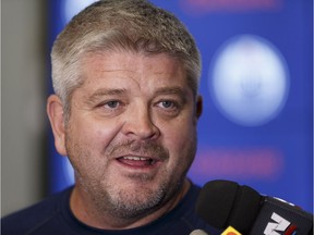 Edmonton Oilers head coach Todd McLellan speaks with the media as the team's main training camp opens at Rogers Place in Edmonton on Sept. 14, 2017.