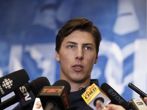 Forward Ryan Nugent-Hopkins speaks with the media during Edmonton Oilers 2017 Training Camp at Rogers Place in Edmonton, Alberta on Thursday, September 14, 2017.