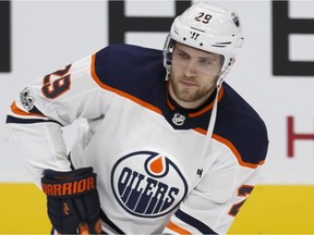 Edmonton Oilers forward Leon Draisaitl in warm-up before his team's pre-season game against the Carolina Hurricanes on Sept. 25, 2017.