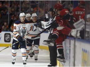 Edmonton Oilers winger Kailer Yamamoto (56) celebrates his goal on the Carolina Hurricanes during NHL pre-season action on Sept. 25, 2017, at Rogers Place in Edmonton.