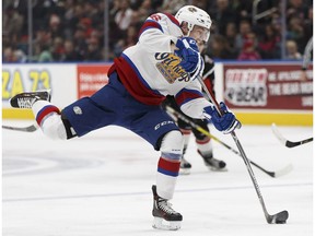 Edmonton's Wyatt McLeod fires a shot during the second period of a WHL game between the Edmonton Oil Kings and the Moose Jaw Warriors at Rogers Place in Edmonton on Sunday, January 22, 2017.