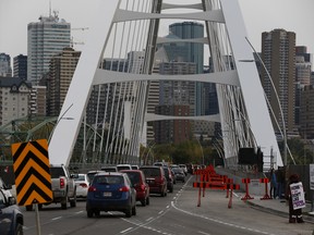 Cars travel along the newly opened Walterdale Bridge in downtown Edmonton, AB, on Monday, Sept. 18, 2017. Photo by Ian Kucerak