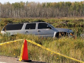 A vehicle police say was involved in a fatal accident that killed two individuals on the evening of Wednesday, September 6, 2017 on Real Martin Drive in Fort McMurray, Alta. Wood Buffalo RCMP arrested a 48-year-old man following the accident. Vincent McDermott/Fort McMurray Today/Postmedia Network
Vince Mcdermott, Vince Mcdermott/Today Staff
