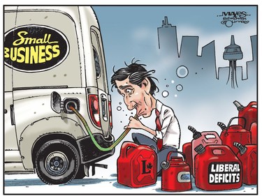 Justin Trudeau siphons from small businesses to cover his federal deficits. (Cartoon by Malcolm Mayes)