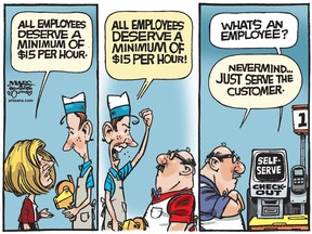 Alberta's proposed $15 minimum wage eventually leads to more automation and fewer entry level jobs.
(Cartoon by Malcolm Mayes)