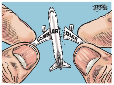 Bombardier's wings are pulled off like that of a fly. (Cartoon by Malcolm Mayes)