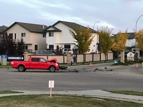 Beaumont RCMP are investigating after a crash between a pickup truck and a motorcycle on 50 Avenue on Tuesday, Sept. 26, 2017, at around 6:30 p.m.