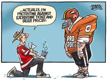 Sports Fan kneels to protest against exorbitant ticket and beer prices. (Cartoon by Malcolm Mayes)