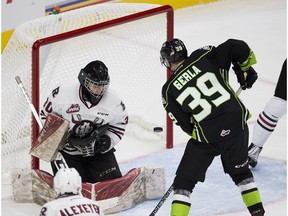 Edmonton Oil Kings Ty Gerla scores on Red Deer Rebels Lasse Petersen during fisecond  period WHL action on Sunday September 24, 2017 in Edmonton.