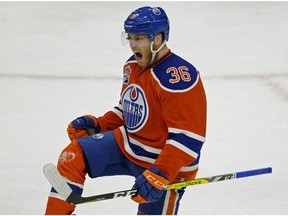 Edmonton Oilers Drake Caggiula celebrates after scoring in the third period to tie the game 3-3 and send the game into overtime during the fourth game of their Stanley Cup playoff series in Edmonton against the Anaheim Ducks in Edmonton on Wednesday May 3, 2017.