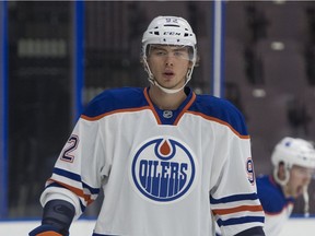 Edmonton Oilers prospect defenceman Ziyat Paigin during the pre-game warmup prior to the start of histeam's game against the Calgary Flames rookies at the Young Stars Classic held at the South Okanagan Events Centre in Penticton, B.C., on Sept. 8, 2017.