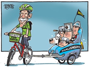 Edmonton Mayor, Don Iveson, pulls his election challengers in baby bicycle trailer. (Cartoon by Malcolm Mayes)