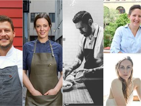 Chefs participating in the Prairie Grid series are, from left to right, Jamie Harling (Calgary), Lindsay Porter (Edmonton), Adam Donnelly (Winnipeg), and in the right upper, Pamela Kirkpatrick (Winnipeg) and, right down, Christie Peters (Saskatoon).