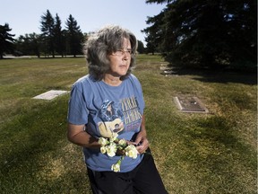 Karen Vallette, mother of slain six year old Corinne (Punky) Gustavson, will have to go to Castor tomorrow to commemorate the 25-year-anniversary of her daughter's death after her ex-husband had the body moved in late 2015. She is shown here on Tuesday September 5, 2017 in Edmonton at the gravesite where her daughter was originally buried.  Greg  Southam / Postmedia
Greg Southam, Postmedia