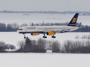 The inaugural flight by Icelandair to Edmonton International Airport arrives in Edmonton Alta., on Wednesday, March 5, 2014.