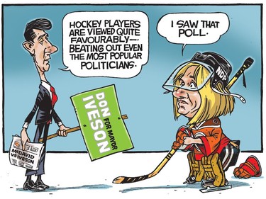 Hockey players get high poll results, unpopular Premier Rachel Notley takes notice. (Cartoon by Malcolm Mayes)