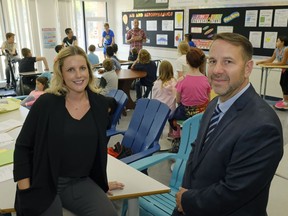 Teacher/psychologist Brea Malacad, left, and superintendent of schools Michael Hauptman inside a classroom at St. Theresa Catholic School in Sherwood Park on Aug. 31, 2017. The school division is using one-time classroom improvement funding to improving the mental health of students and teachers.