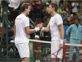 Vasek Pospisil and Daniel Nestor of Canada defeated India three sets to one in Davis Cup tennis at the Coliseum in Edmonton on September 16, 2017.