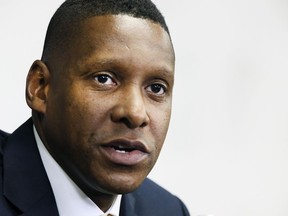 Toronto Raptors president Masai Ujiri speaks to reporters at media day on Sept. 25.