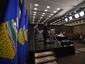 The second official debate of the United Conservative Party (UCP) Leadership Debate, taking part are Jason Kenney, Doug Schweitzer, Brian Jean and Jeff Callaway, at the Expo Centre in Edmonton, September 28, 2017.