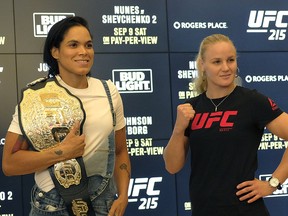 Mixed martial arts fighters Amanda Nunes (left) and Valentian Shevchenko (right) pose for photos at Rogers Place in Edmonton on Wednesday September 6, 2017.  PHOTO BY LARRY WONG/POSTMEDIA