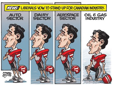 Liberals stand up for all Canadian industries except Oil & Gas. (Cartoon by Malcolm Mayes)