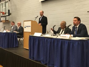 Council hopefuls get ready to debate at the Ward 6 candidate forum in Edmonton on Sept. 28, 2017.