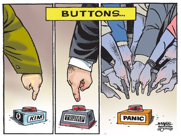 North Korean and U.S. Nuclear buttons are followed by panic buttons. (Cartoon by Malcolm Mayes)