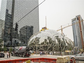 A recently built trio of geodesic domes, an addition to Amazon's Seattle headquarters building.