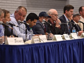 Candidates for mayor in the civic election gather at Harry Ainlay High School for a three-hour forum in Edmonton, October 3, 2017.