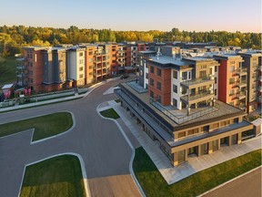 Grandin Parc Village is a mixed-use condominium development in St. Albert that features 91 unites ranging from 658 to 1,407 square feet.